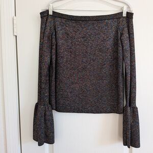 Endless Rose off-the-shoulder speckled metallic knit blouse with flared sleeves